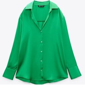 Zara Emerald Green Satin Button-Up Blouse